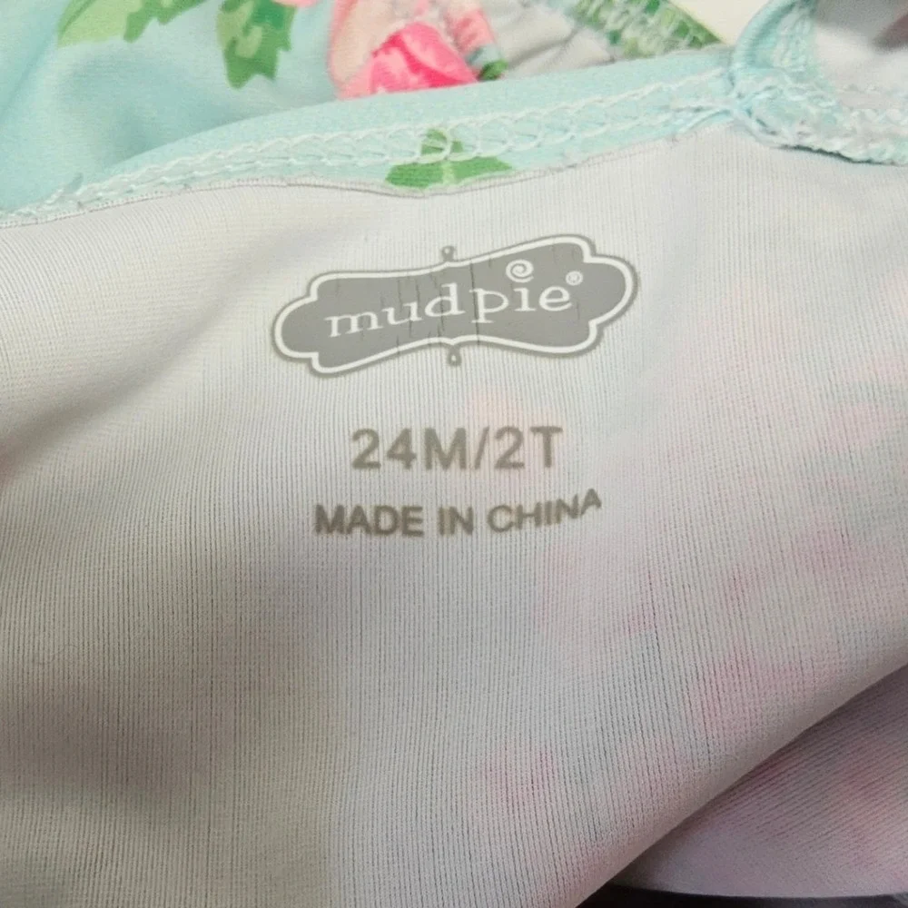 Mud‎ Pie Swimsuit Baby Girls 24M 2T Blue Floral Rose Pink Bow Ric Rac One Piece